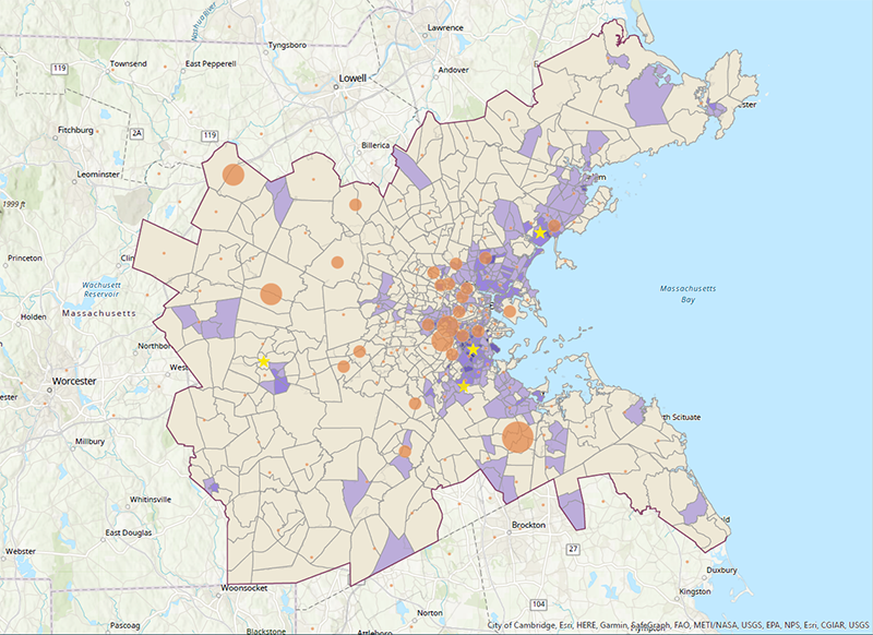Map depicting the geographic distribution of survey responses (by zip code) for all FFY 2023 surveys in relationship to the distribution of the low-income population in the Boston region. The map also includes points where in-person events were held during FFY 2023. While most in-person events and many survey responses overlap with areas of medium to high concentration of people with low income, there is much less overlap outside of the inner core.